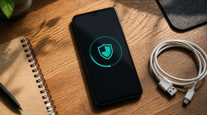 Teléfono Android en una mesa de trabajo durante una comprobación segura