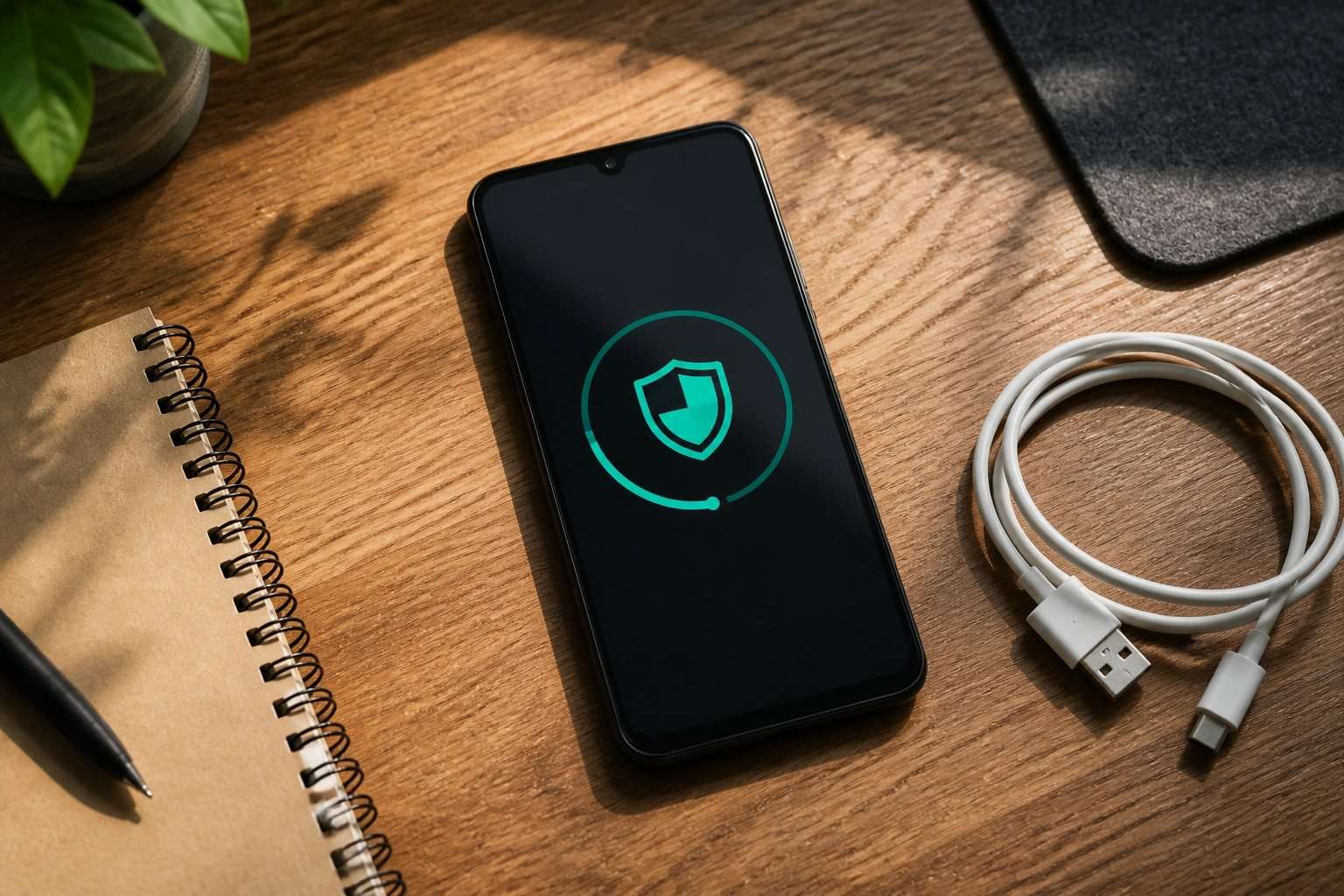 Modo seguro en Android: para qué sirve y cómo salir sin perder datos — Imagen 1 Teléfono Android en una mesa de trabajo durante una comprobación segura
