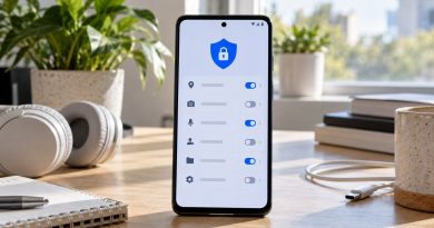 Teléfono Android con controles visuales de permisos sobre un escritorio