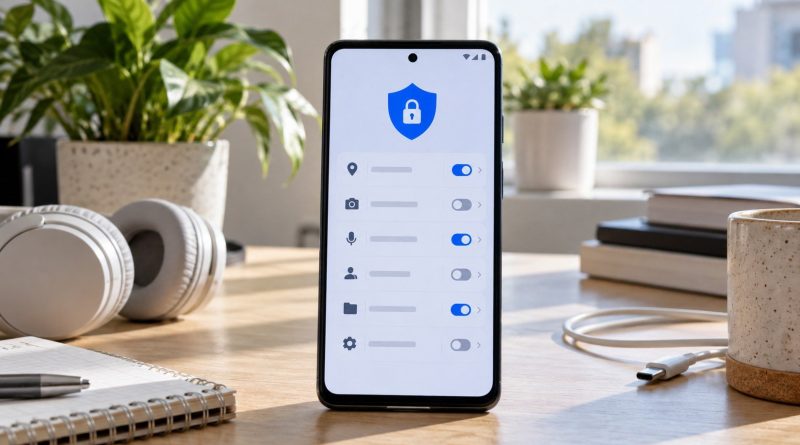 Teléfono Android con controles visuales de permisos sobre un escritorio