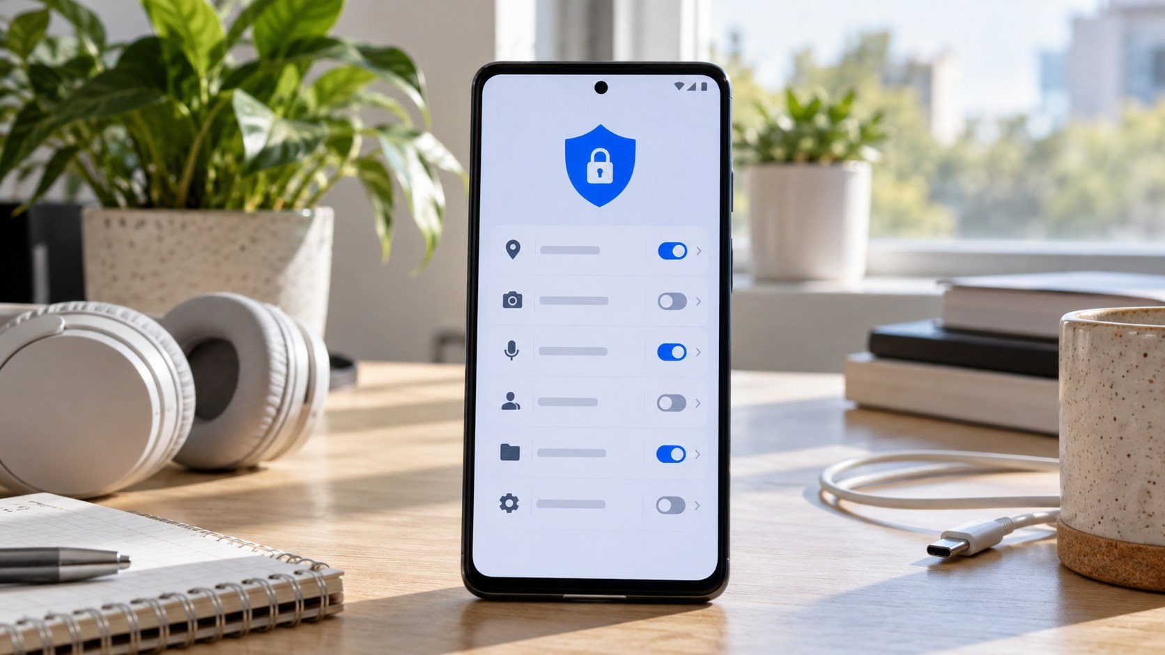 Teléfono Android con controles visuales de permisos sobre un escritorio