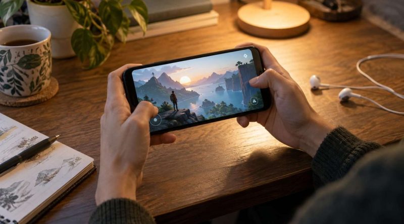 Unas manos sostienen un móvil con un juego de exploración y auriculares al lado.