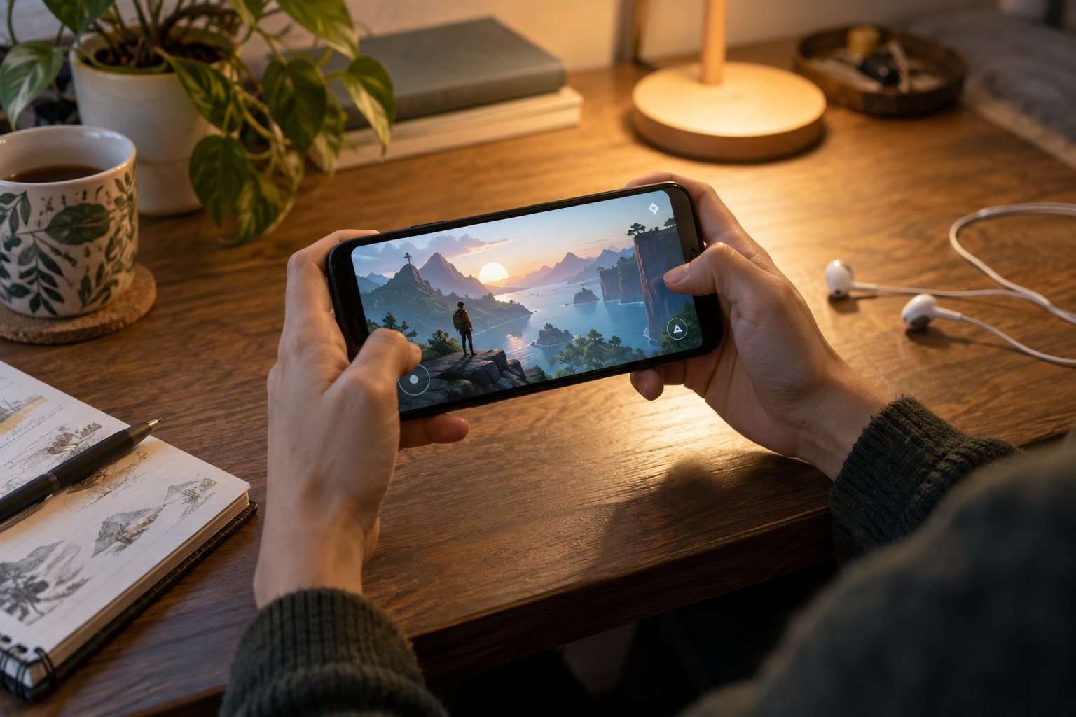 Unas manos sostienen un móvil con un juego de exploración y auriculares al lado.